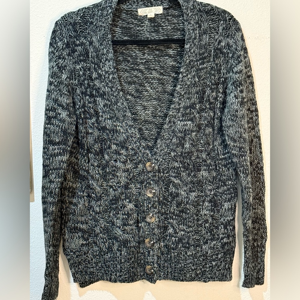PINK ROSE Women’s Button Down Cardigan Sweater Black & White Marled Sz L